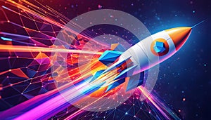 Abstract rocket takes off from a network of neural networks and the Internet, Launch and efficiency concept, advanced technology