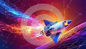 Abstract rocket takes off from a network of neural networks and the Internet, Launch and efficiency concept, advanced technology