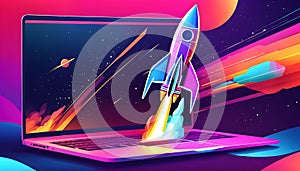 Abstract rocket takes off from a network of neural networks and the Internet, Launch and efficiency concept, advanced technology