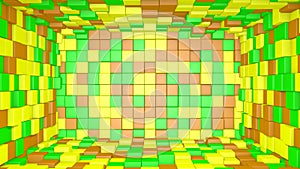 Abstract room interior with green, yellow and brown cubes. Box cube random geometric background. Square pixel mosaic background.