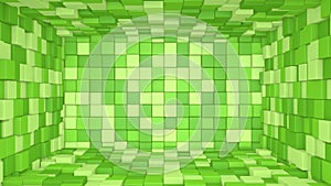 Abstract room interior with green and yellow cubes. Box cube random geometric background. Square pixel mosaic background. Land
