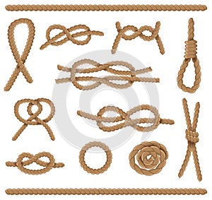 Abstract rope elements set. Jute Ropes with Reef Knot isolated on white background. Vector illustration