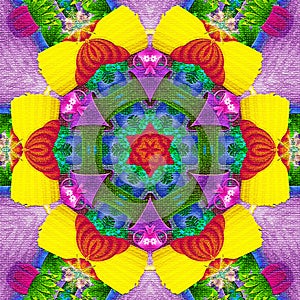 Abstract rosette kaleidoscope in brilliant green, blue, neon, yellow, red and magenta