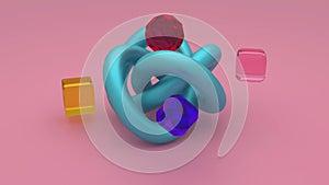 An abstract rotating scene. A twisted torus of blue color in the center, multi-colored glass cubes, icosahedron. 3D render.