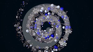 Abstract rotating spiral of snowflakes and blue Christmas tree toys on black background, seamless loop. Animation