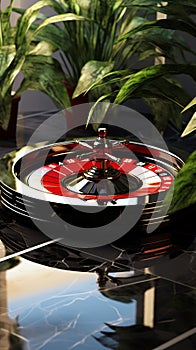 Abstract Roulette Wheel on Reflective Marble Floor with Lush Ferns photo