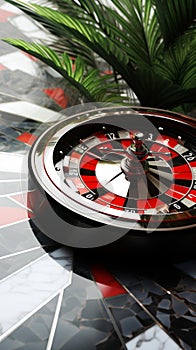 Abstract Roulette Wheel on Reflective Marble Floor with Lush Ferns photo
