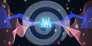 Abstract round big data hologram with binary code on dark backdrop. Stream information, filtering machine algorithm concept. 3D