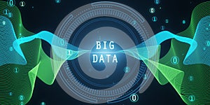 Abstract round big data hologram with binary code on dark background. Stream information, filtering machine algorithm concept. 3D