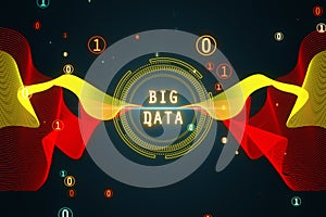 Abstract round big data hologram with binary code on dark wallpaper. Stream information, filtering machine algorithm concept. 3D
