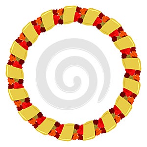 Abstract round frame of autumn leaves and gold ribbon.