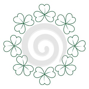 Abstract round frame border of contour drawn shamrocks. Copy space. Concept for St. Patrick greeting