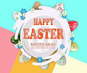 Abstract round frame, Easter eggs with a pattern, a composition of pastel shades