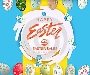 Abstract round frame, Easter eggs with pattern, illustration of yellow and blue shades