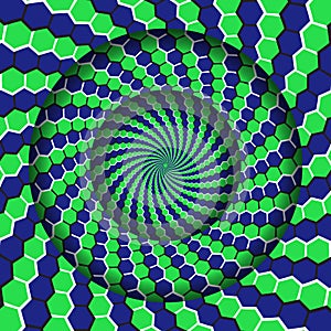 Abstract round frame with a moving green blue hexagons spiral pattern. Optical illusion hypnotic background