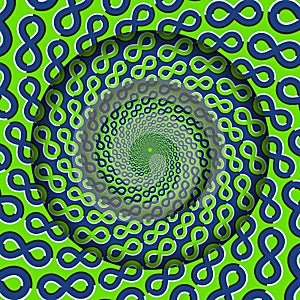 Abstract round frame with a moving green blue infinity symbols pattern. Optical illusion hypnotic background