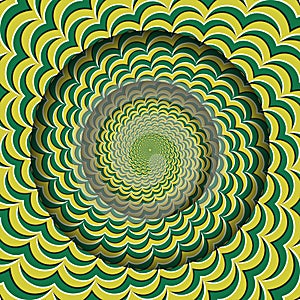 Abstract round frame with a moving green yellow seagull symbols pattern. Optical illusion hypnotic background