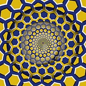 Abstract round frame with a moving yellow blue hexagons pattern. Optical illusion hypnotic background