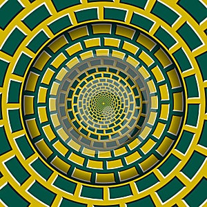 Abstract round frame with a moving yellow green brickwork pattern. Optical illusion hypnotic background