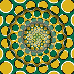Abstract round frame with a moving yellow green circles pattern. Optical illusion hypnotic background