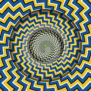 Abstract round frame with a rotating blue yellow zigzag stripes pattern. Optical illusion hypnotic background