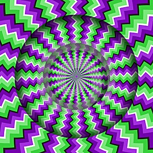 Abstract round frame with a rotating green purple zigzag pattern. Optical illusion hypnotic background