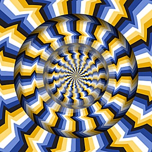 Abstract round frame with a rotating yellow blue black white glitch stripes pattern. Optical illusion hypnotic background