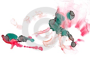 Abstract round malachite spots in pink rays of light and scarlet splashes