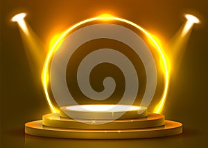 Abstract round podium illuminated with spotlight. Award ceremony concept. Stage backdrop.