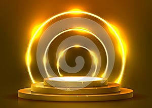 Abstract round podium illuminated with spotlight. Award ceremony concept. Stage backdrop.