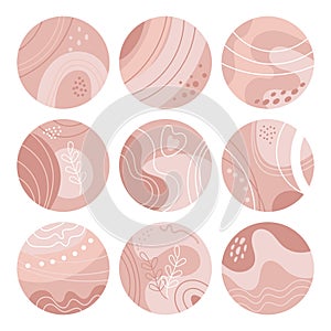 Abstract round shapes in beige and pink tones, with flowers and waves.Social media story cover icons set.