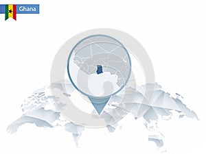 Abstract rounded World Map with pinned detailed Ghana map.