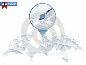 Abstract rounded World Map with pinned detailed Norway map.