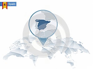 Abstract rounded World Map with pinned detailed Spain map.