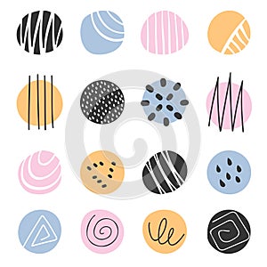 Abstract rounds set. Hand drawn doodle circle shapes with spots, drops, curves, lines, spirals, scribbles pattern. Contemporary