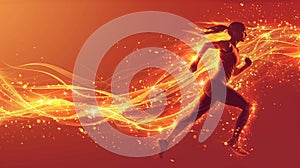 Abstract Runner Woman With Golden Light Curve And Red Background