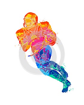 Abstract running American football player from splash of watercolors