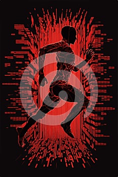 Abstract running man form lines and triangles, point connecting network on red background.