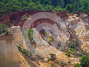 Abstract Rustrel canyon ocher cliffs landscape. Provencal Colorado near Roussillon