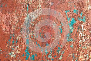 Abstract rusty metal texture, old metallic door with shabby blue paint background, painted metal with rust, grunge