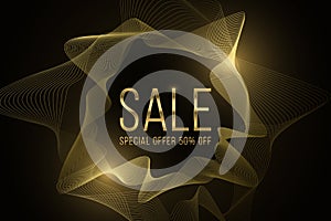 Abstract sale banner made of golden glowing wavy shapes. Special offer with big discounts. Trendy frame. Online shopping page