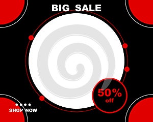 Abstract sale template, white and red circles on black background. Poster, banner, background