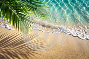 Abstract Sand Beach with Palm Leaf Shadow Transparent Water Wave and Travel Concept photo