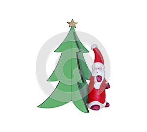 Abstract Santa Claus standing by Christmas tree isolated on white. Christmas/New Year concept.