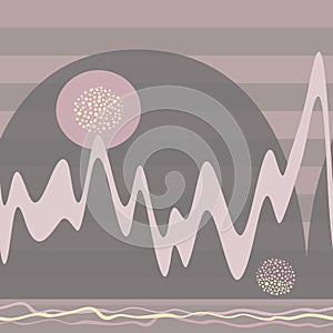 Abstract scandi style sunrise with mountains and waves in soft pink, brown and yellow hues. Seamless vector illustration