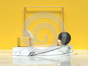 Abstract scene 3d rendering yellow wall white marble floor group of geometric shape still life