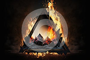 an abstract scene of a black triangle frame engulfed in flames