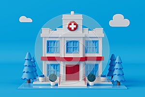 Abstract Scene with Cartoon Hospital Building. 3d Rendering