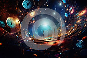 abstract scene with clocks and planets in space. 3d rendering, Colorful abstract wallpaper texture background, Universe and time