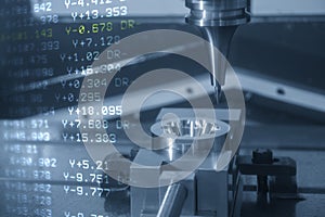 Abstract scene the CNC milling machine cutting injection mold part by solid ball end mill tool and G-code data background